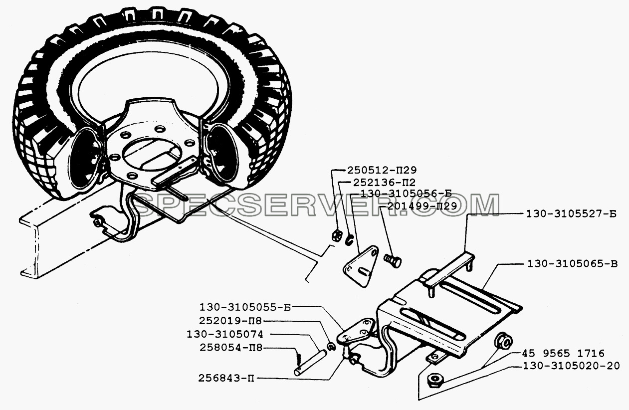 Установка запасного колеса автомобиля ЗИЛ-433360 до января 2002г для ЗИЛ-433110 (список запасных частей)
