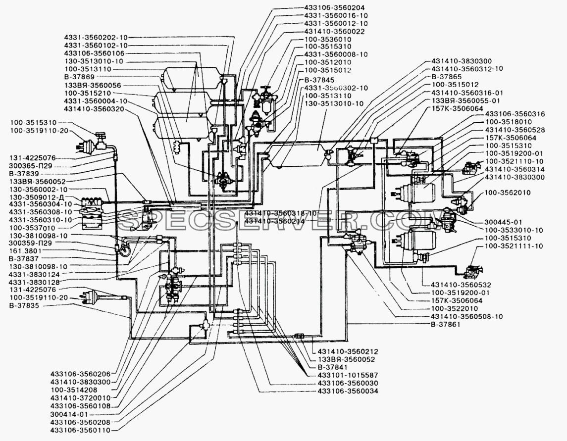 Пневматическая схема привода тормозных систем с предохранителем от замерзания автомобилей ЗИЛ-433360, ЗИЛ-442160 и ЗИЛ-494560 для ЗИЛ-433110 (список запасных частей)