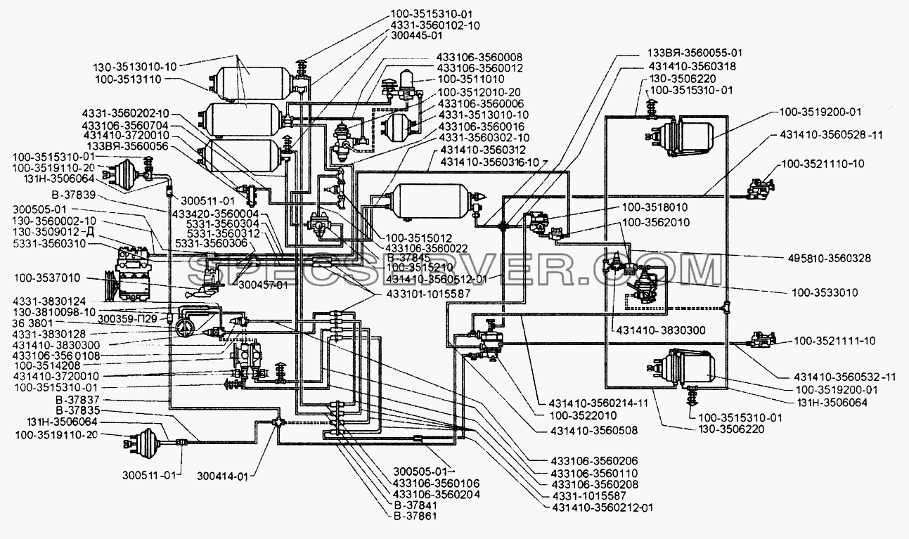 Пневматическая схема привода тормозных систем с установкой влагомаслоотделителя для ЗИЛ-433110 (список запасных частей)
