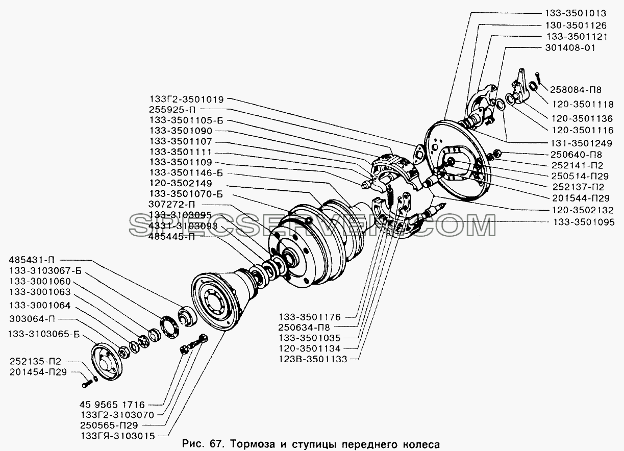 Тормоза и ступицы переднего колеса для ЗИЛ-433110 (список запасных частей)