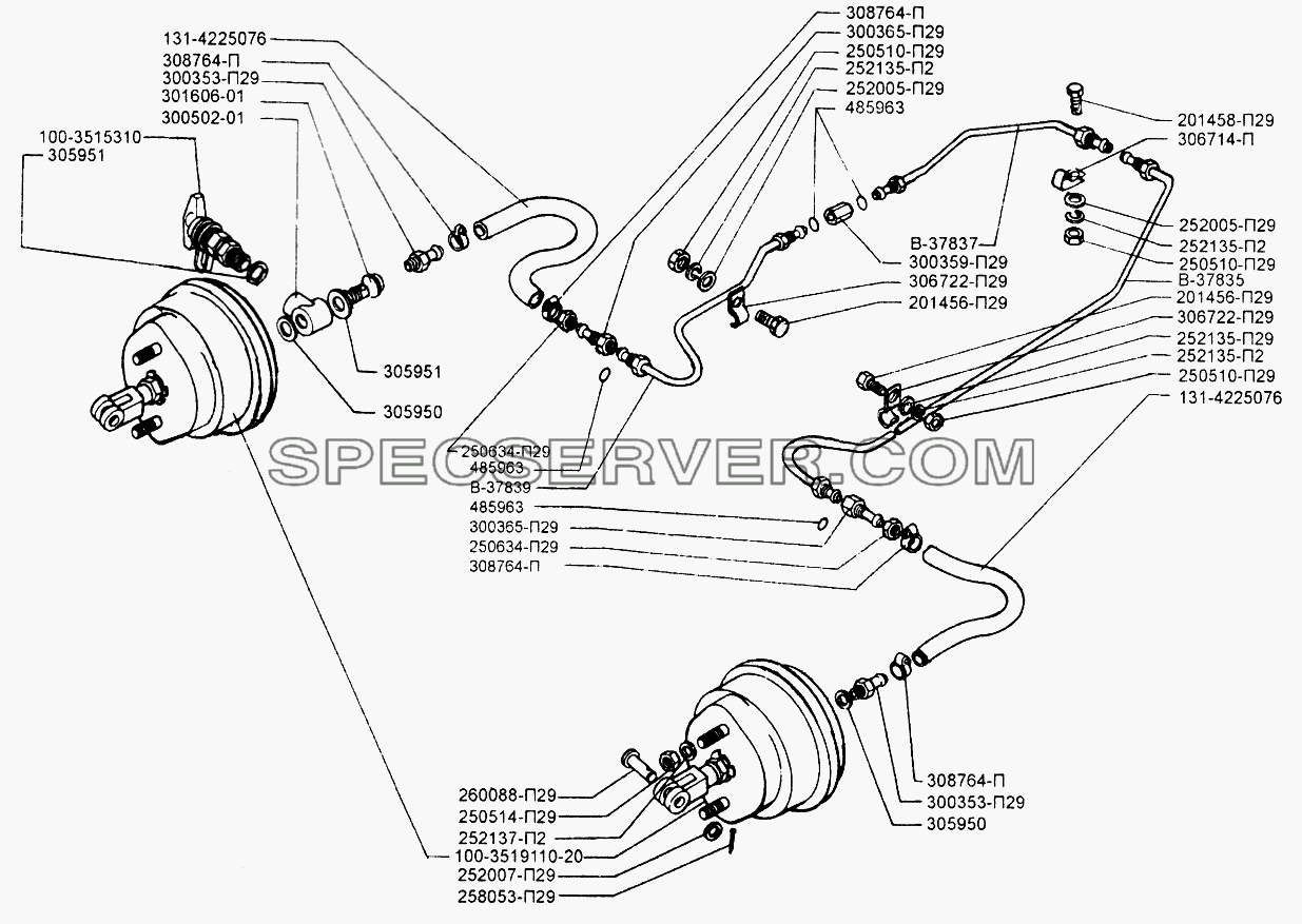 Установка трубопроводов передних тормозных камер для ЗИЛ-433110 (список запасных частей)
