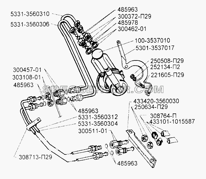 Установка тормозного крана с ручным управлением на панели приборов для ЗИЛ-433110 (список запасных частей)