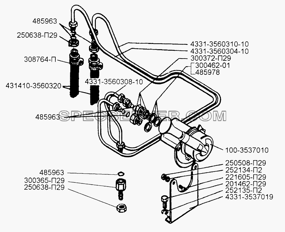 Установка тормозного крана с ручным управлением на полу кабины для ЗИЛ-433110 (список запасных частей)