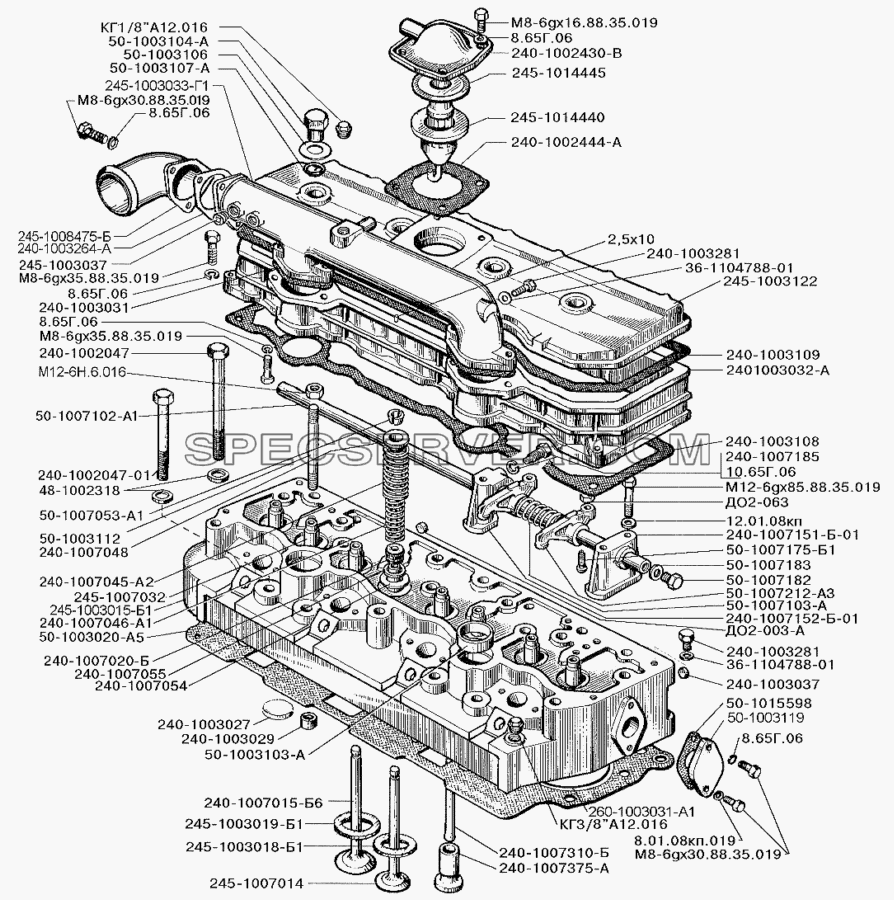 Головка блока цилиндров, клапаны и толкатели двигателя Д-245.9Е2 для ЗИЛ-5301 (2006) (список запасных частей)