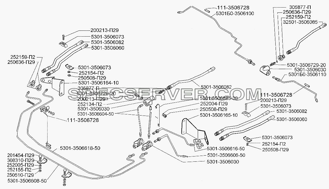 Установка трубопроводов тормозного привода автомобиля ЗИЛ-5301, разделенного по мостам для ЗИЛ-5301 (2006) (список запасных частей)