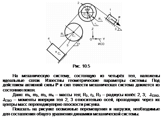 Подпись:  
Рис. 10.5

На механическую систему, состоящую из четырёх тел, наложены идеаль-ные связи. Известны геометрические параметры системы. Под действием ак-тивной силы Р и сил тяжести механическая система движется из состояния по-коя.
Дано: m1, m2, m3, m4 – массы тел; R2, r2, R3 – радиусы колёс 2, 3;  JС2Х2, JС3Х3 – моменты инерции тел 2, 3 относительно осей, проходящих через их цен-тры масс перпендикулярно плоскости рисунка.
Показать на рисунке возможные перемещения и нагрузки, необходимые для составления общего уравнения динамики механической системы.
