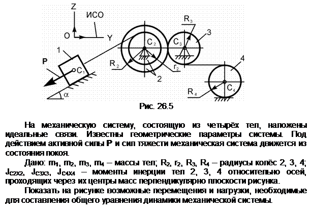 Подпись:  
Рис. 26.5

На механическую систему, состоящую из четырёх тел, наложены иде-альные связи. Известны геометрические параметры системы. Под действием активной силы Р и сил тяжести механическая система движется из состояния покоя.
Дано: m1, m2, m3, m4 – массы тел; R2, r2, R3, R4 – радиусы колёс 2, 3, 4; JС2Х2, JС3Х3, JC4X4 – моменты инерции тел 2, 3, 4 относительно осей, проходя-щих через их центры масс перпендикулярно плоскости рисунка.
Показать на рисунке возможные перемещения и нагрузки, необходимые для составления общего уравнения динамики механической системы.
