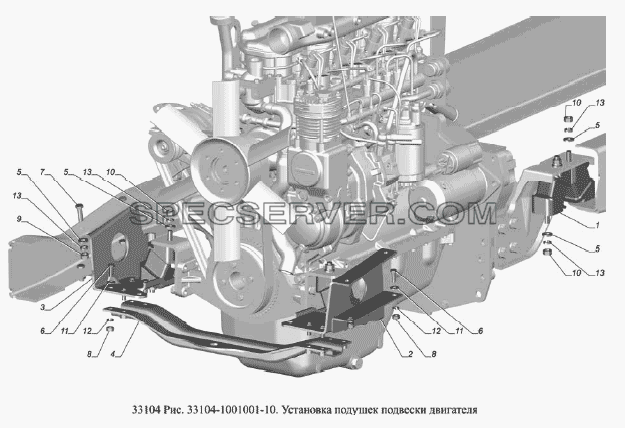 Установка подушек подвески двигателя для ГАЗ-33104 Валдай Евро 3 (список запасных частей)