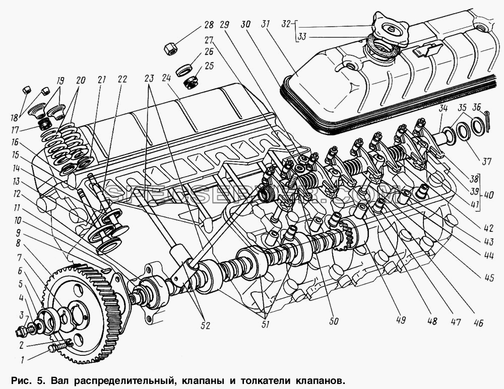 Вал распределительный, клапаны и толкатели клапанов для ГАЗ-3307 (список запасных частей)