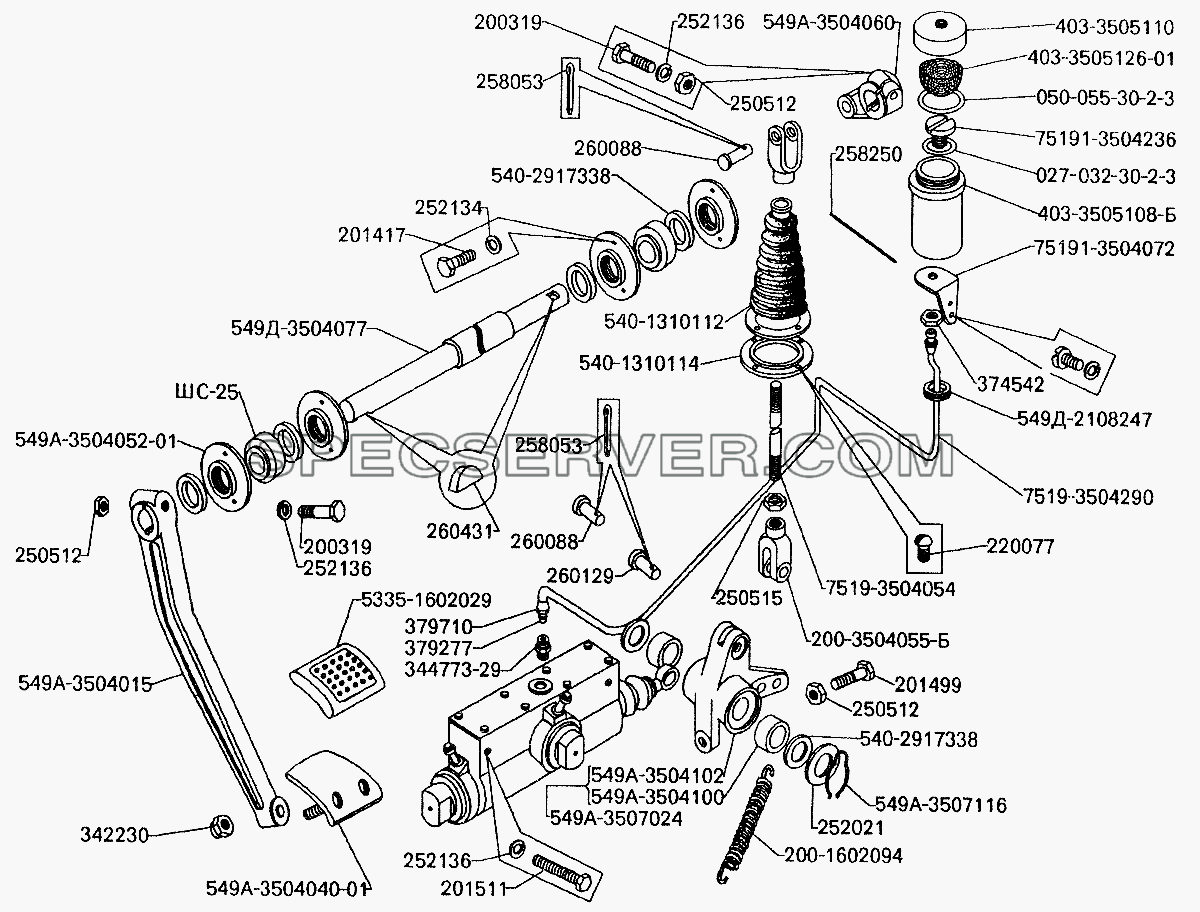 Привод управления рабочей тормозной системой для БелАЗ-7512 (список запасных частей)