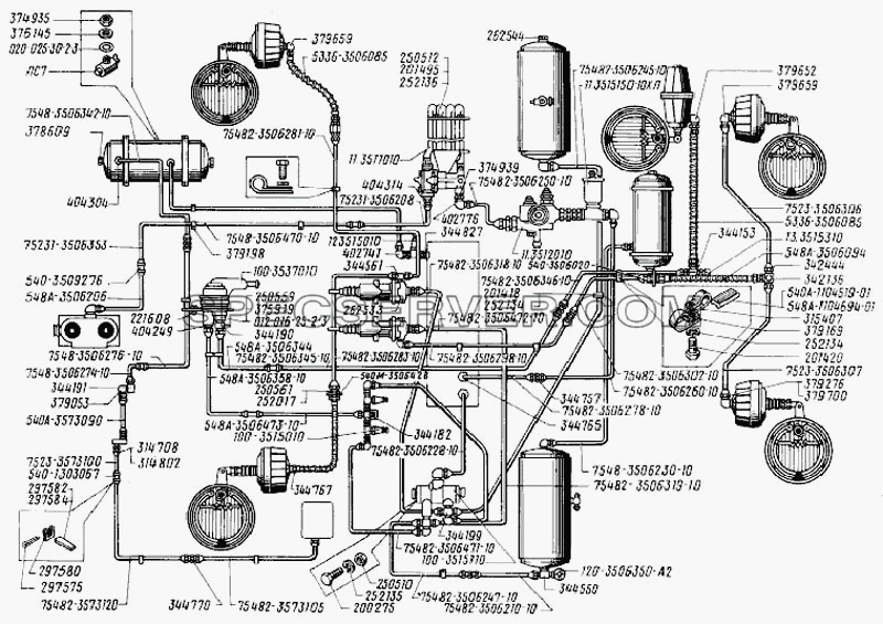 Трубопроводы пневматического привода тормозной системы для БелАЗ-7523 (список запасных частей)