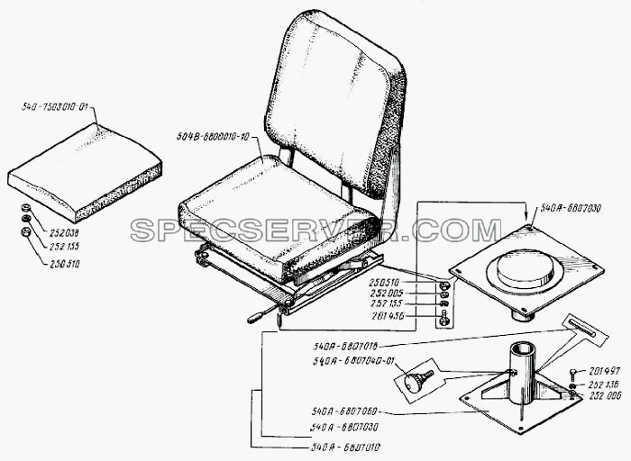 Сиденье водителя и боковое сиденье для БелАЗ-7540 (список запасных частей)