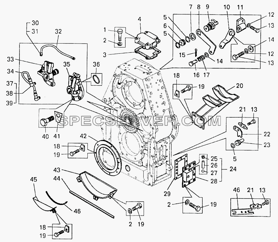 Коробка передач. Установка крышек диапазонного, реверсивного валов и брызговиков шестерен для БелАЗ-7547 (список запасных частей)
