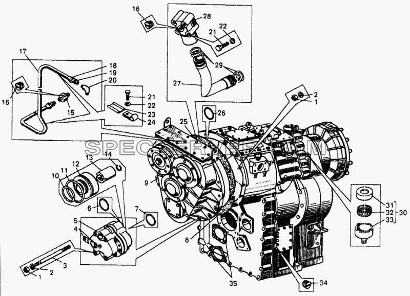 Гидромеханическая передача (согласующая передача и гидротрансформатор с коробкой передач) для БелАЗ-7548А (список запасных частей)