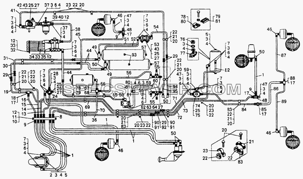 Трубопроводы и аппараты пневматического привода тормозной системы самосвала БелАЗ-75481 для БелАЗ-7548А (список запасных частей)