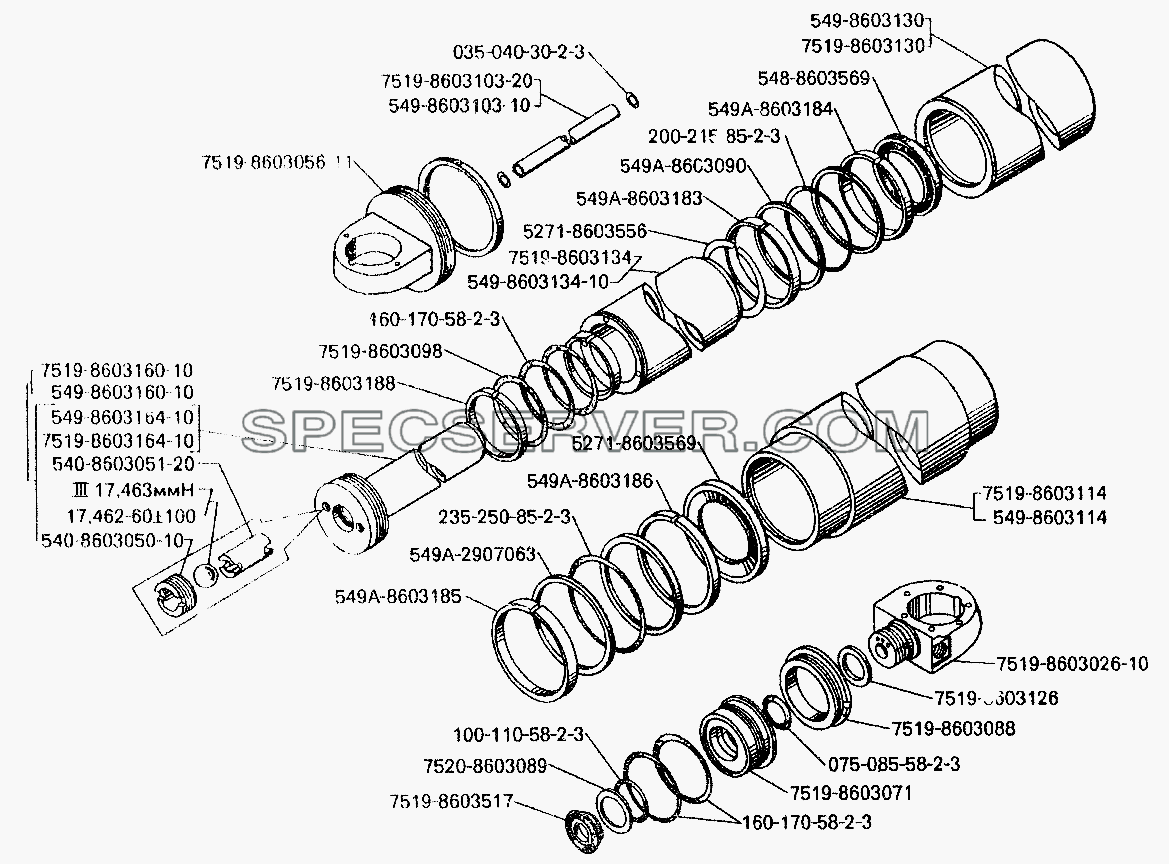 Цилиндр опрокидывающего механизма для БелАЗ-7549 (список запасных частей)
