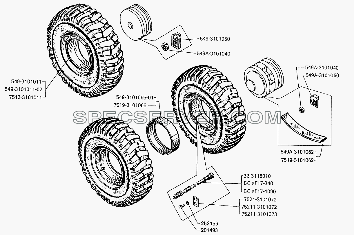 Колеса и детали их крепления для БелАЗ-7549 (список запасных частей)