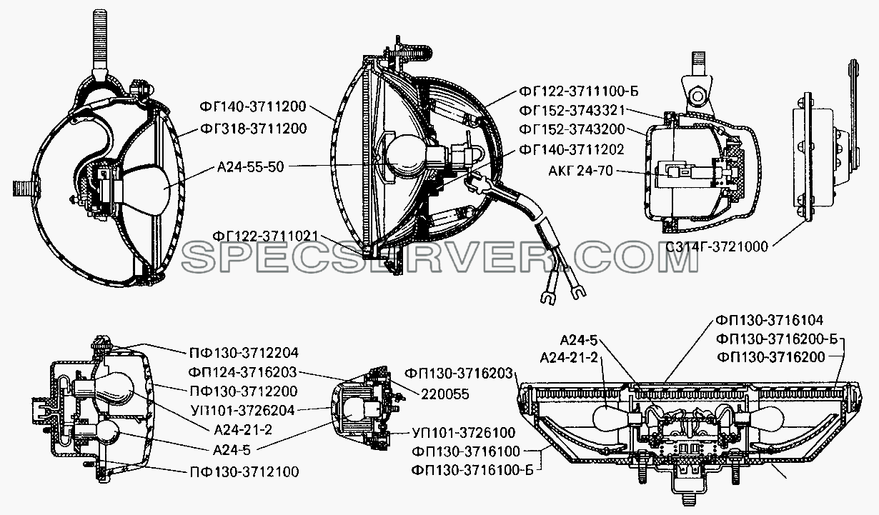 Фары, передние и задние фонари и боковые указатели поворота для БелАЗ-7549 (список запасных частей)