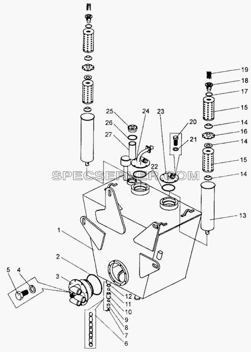 Бак масляный, установка фильтров и заслонки для БелАЗ-7555A (список запасных частей)