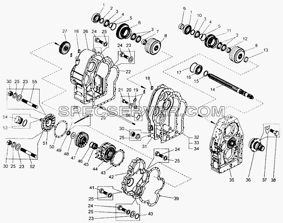 Коробка передач. Картер, установка первичного вала и тормоза замедлителя для БелАЗ-7555A (список запасных частей)