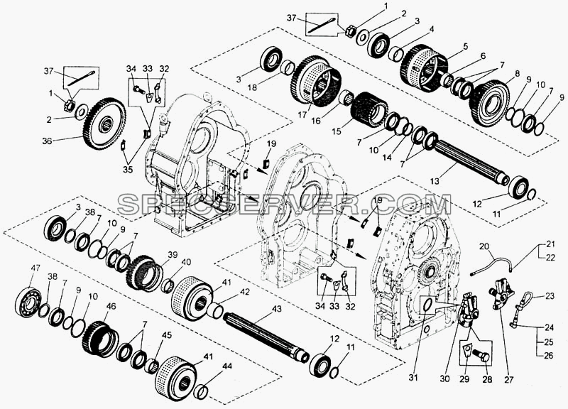 Коробка передач. Установка реверсивного и диапазонного валов для БелАЗ-7555A (список запасных частей)