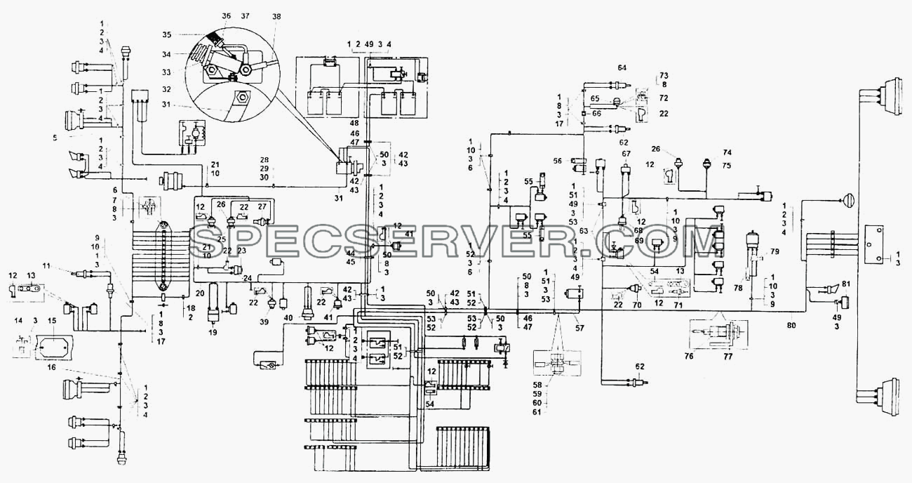 Схема электрооборудования (монтаж проводов на шасси БелАЗ-7555В) для БелАЗ-7555A (список запасных частей)