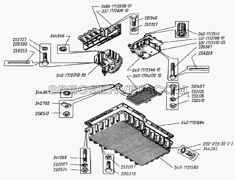 Золотниковая коробка, маслоприемник, насос и поддон 3-ступенчатой гидромехан. передачи для БелАЗ-7522 (список запасных частей)