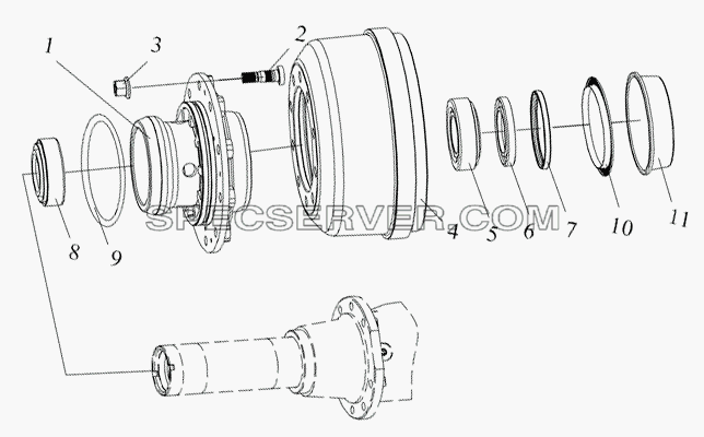 Ступица заднего колеса с тормозным барабаном (с ABS, мост с колесными редукторами R16T230W) для СА-3312 (P2K2B2T4A2Z) (список запасных частей)