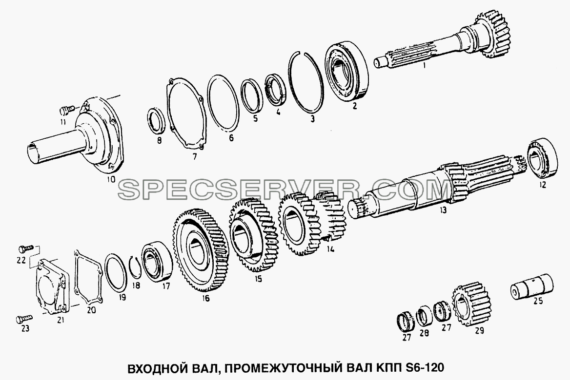 Входной вал, промежуточный вал КПП S6-120 для Howo (список запасных частей)