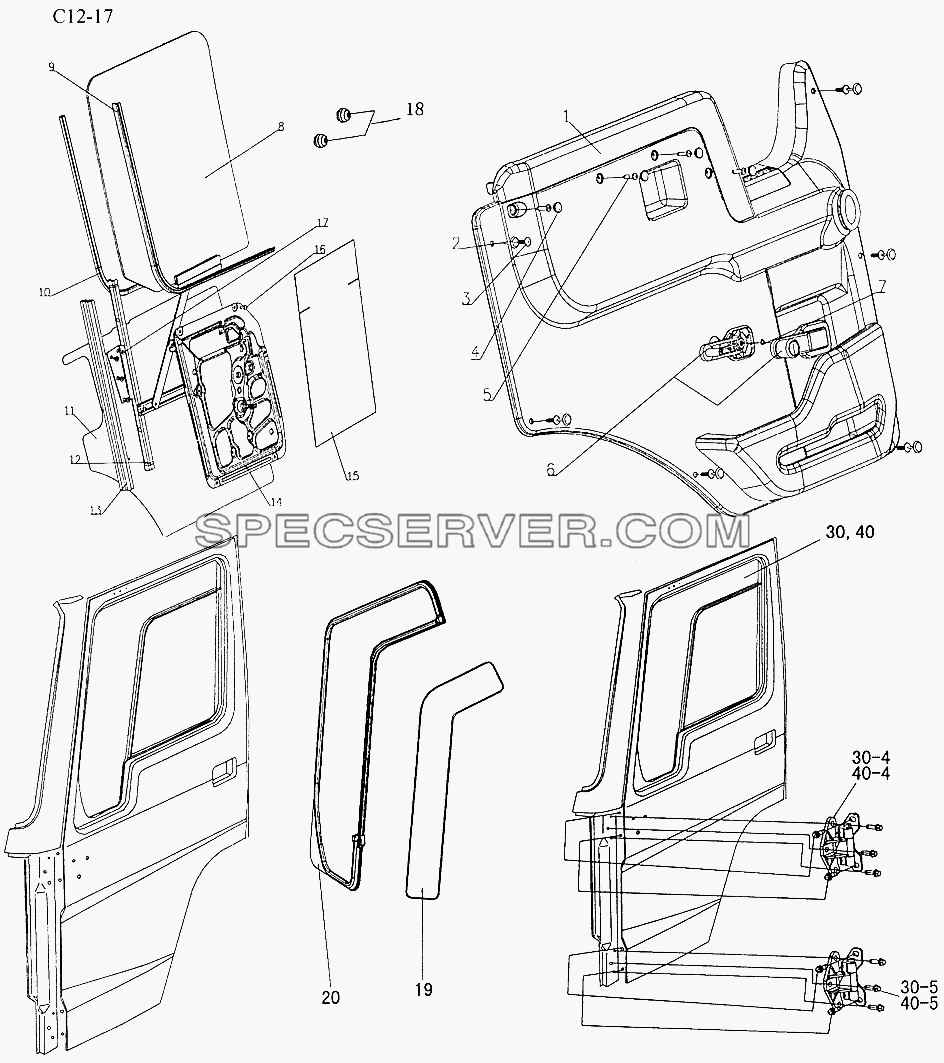 DOOR, GLASS AND FITTINGS (C12-17) для Sinotruk 6x4 Tractor (371) (список запасных частей)