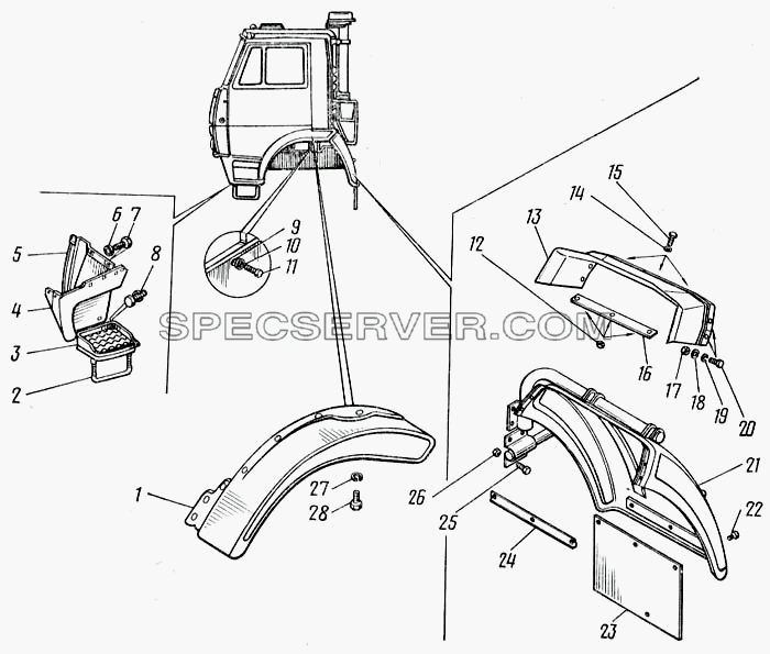 Крыло, брызговик и подножка для КамАЗ-43101 (список запасных частей)