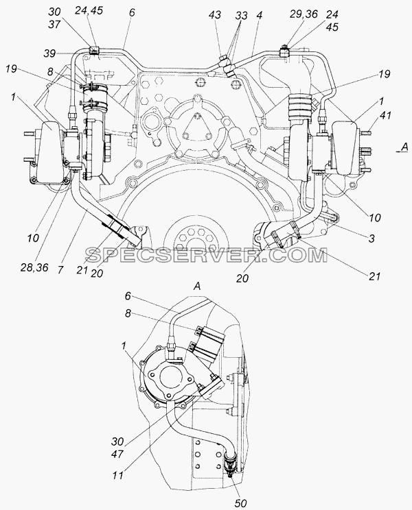 Установка турбокомпрессоров на двигателе для КамАЗ-43114 (список запасных частей)