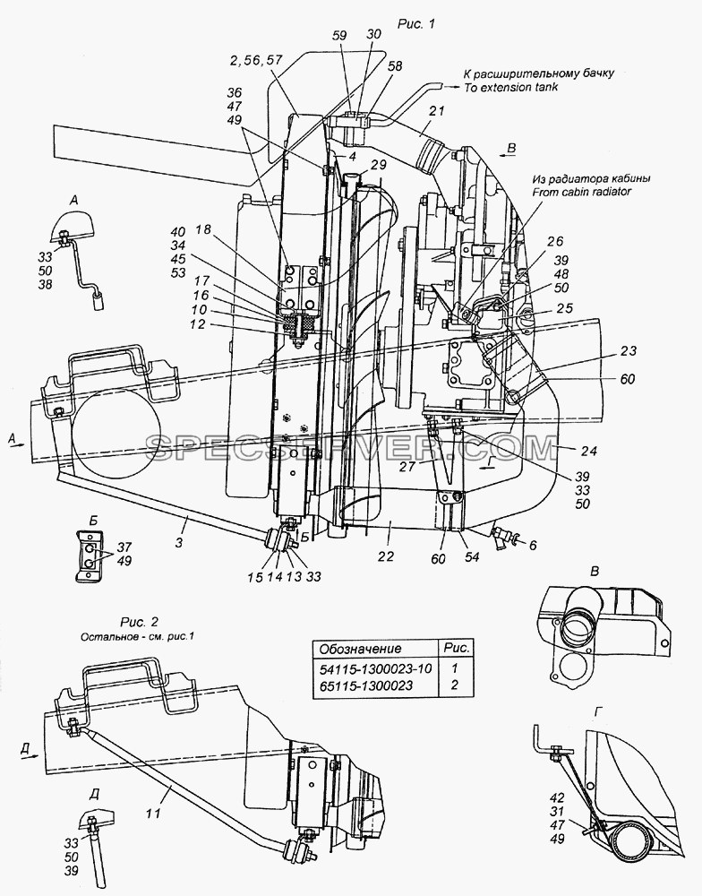 54115-1300023-10 Установка радиатора для КамАЗ-5350 (6х6) (список запасных частей)
