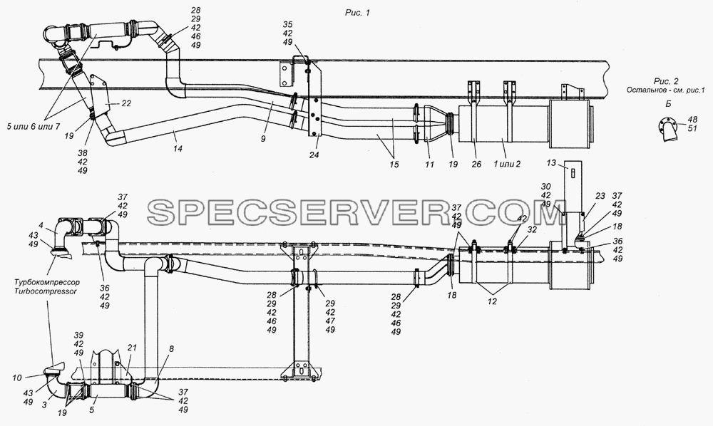 6350-1200001-10 Установка системы выпуска для КамАЗ-5350 (6х6) (список запасных частей)