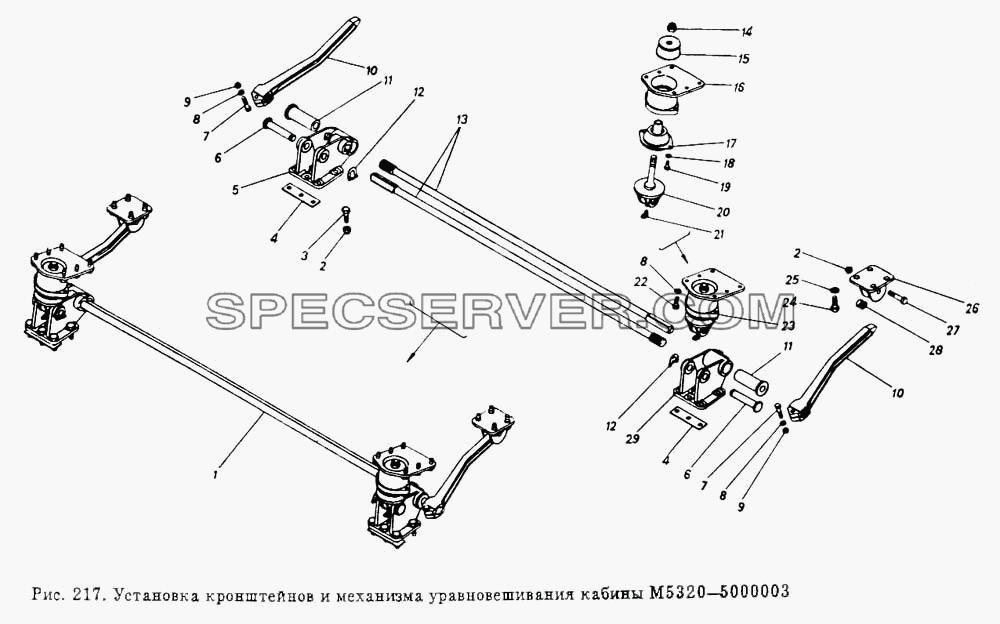 Установка кронштейнов и механизма уравновешивания кабины для КамАЗ-54112 (список запасных частей)