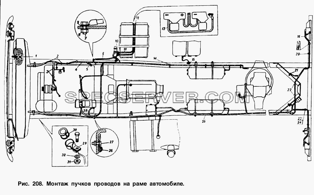 Монтаж пучков проводов на раме автомобиля для КамАЗ-54112 (список запасных частей)