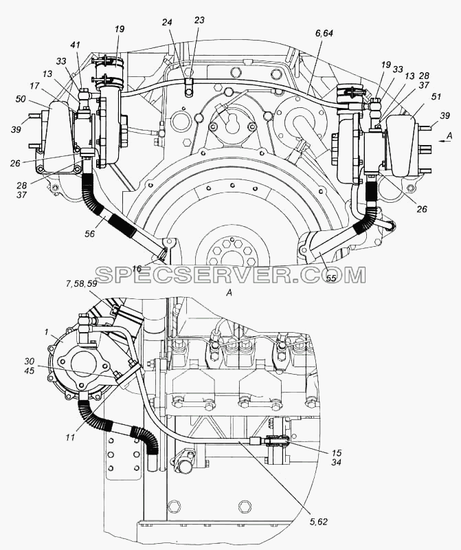 Установка турбокомпрессора для КамАЗ-5460 (списка 2005 г.) (список запасных частей)