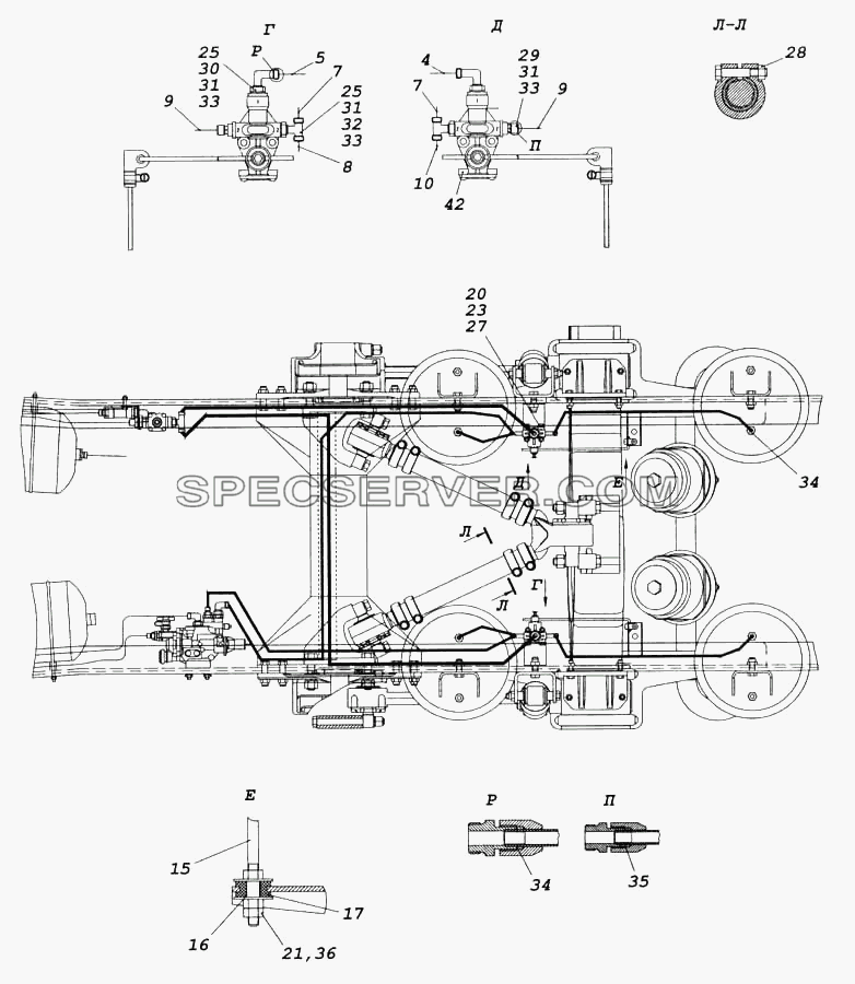 Установка регуляторов положения и монтаж трубопроводов (Новая конструкция) для КамАЗ-5460 (списка 2005 г.) (список запасных частей)