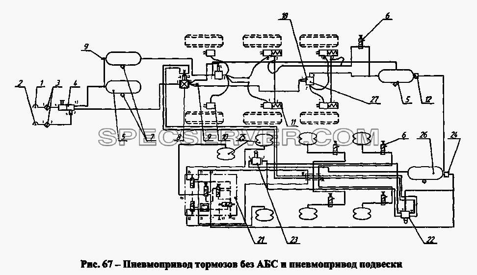 Пневмопривод тормозов без АБС и пневмопривод подвески для СЗАПА-9328 (список запасных частей)