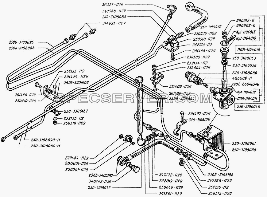 Трубопроводы гидроподъемника запасного колеса для КрАЗ-250 (список запасных частей)