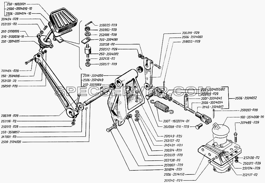 Педаль тормоза с приводом для КрАЗ-250 (список запасных частей)
