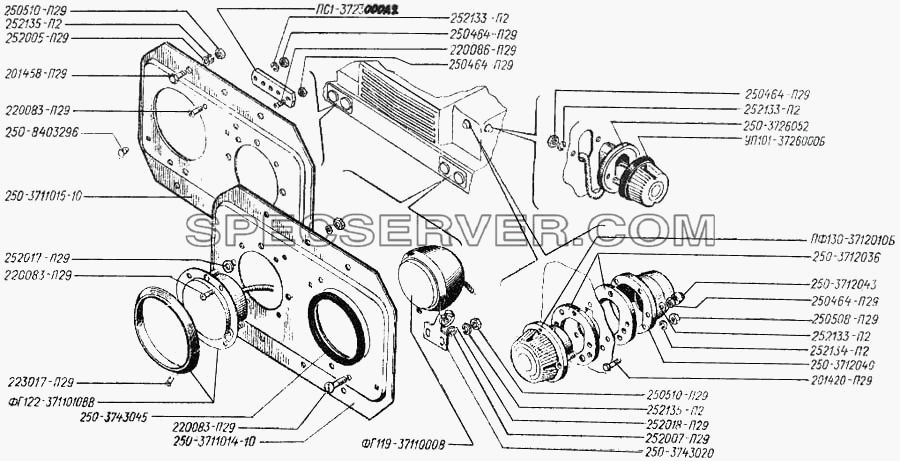 Установка передних фонарей и повторителей боковых указателей поворота для КрАЗ-250 (список запасных частей)
