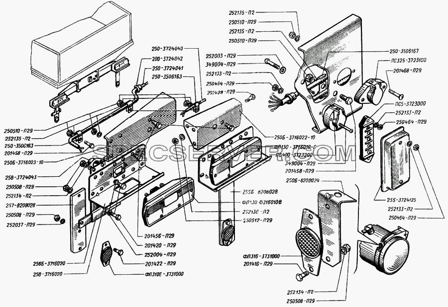 Установка приборов световых задних для КрАЗ-250 (список запасных частей)