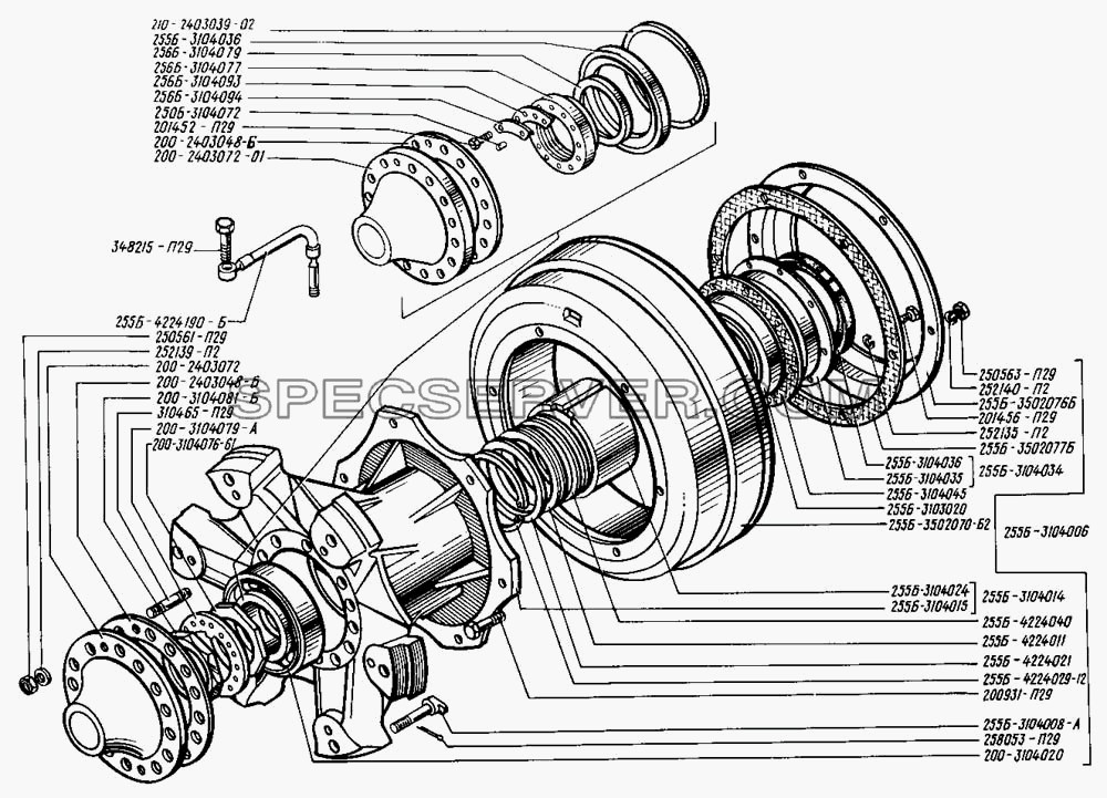 Ступицы задних колес и барабаны тормозные для КрАЗ-255 (список запасных частей)