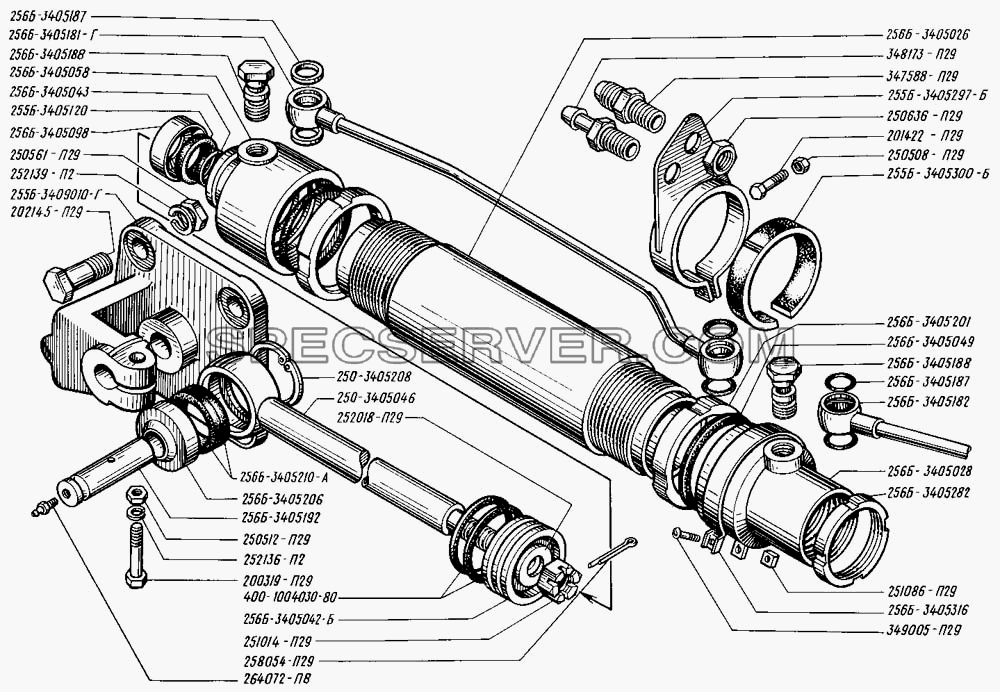 Цилиндр силовой гидроусилителя рулевого управления для КрАЗ-255 (список запасных частей)