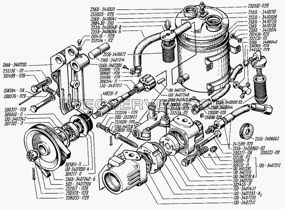 Насос масляный и бачок гидроусилителя рулевого управления для КрАЗ-255 (список запасных частей)