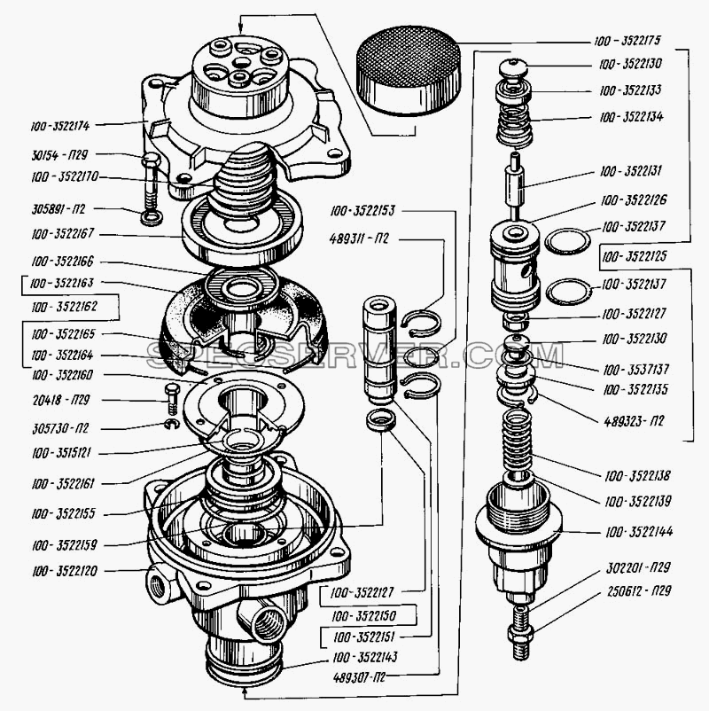 Клапаны управления тормозами прицепа с однопроводным приводом для КрАЗ-255 (список запасных частей)