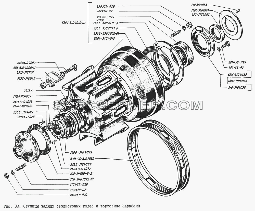 Ступицы задних бездисковых колес и тормозные барабаны для КрАЗ-256 (список запасных частей)