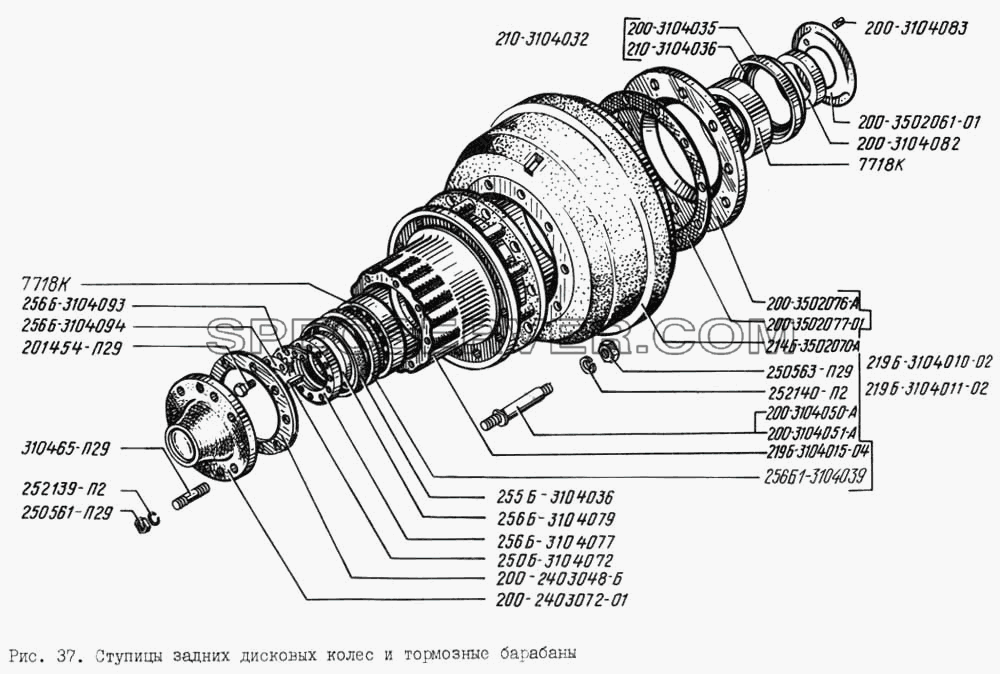 Ступицы задних дисковых колес и тормозные барабаны для КрАЗ-256 (список запасных частей)