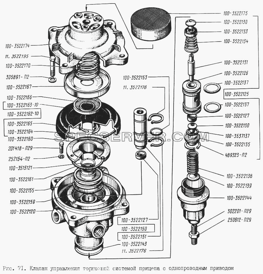 Клапан управления тормозной системой прицепа с однопроводным приводом для КрАЗ-256 (список запасных частей)
